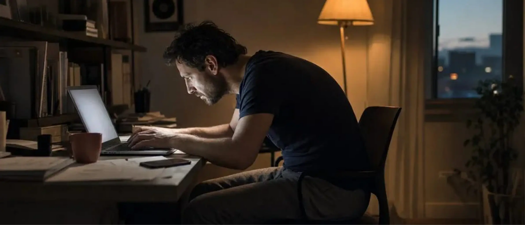 Slouched over a laptop at the end of the day